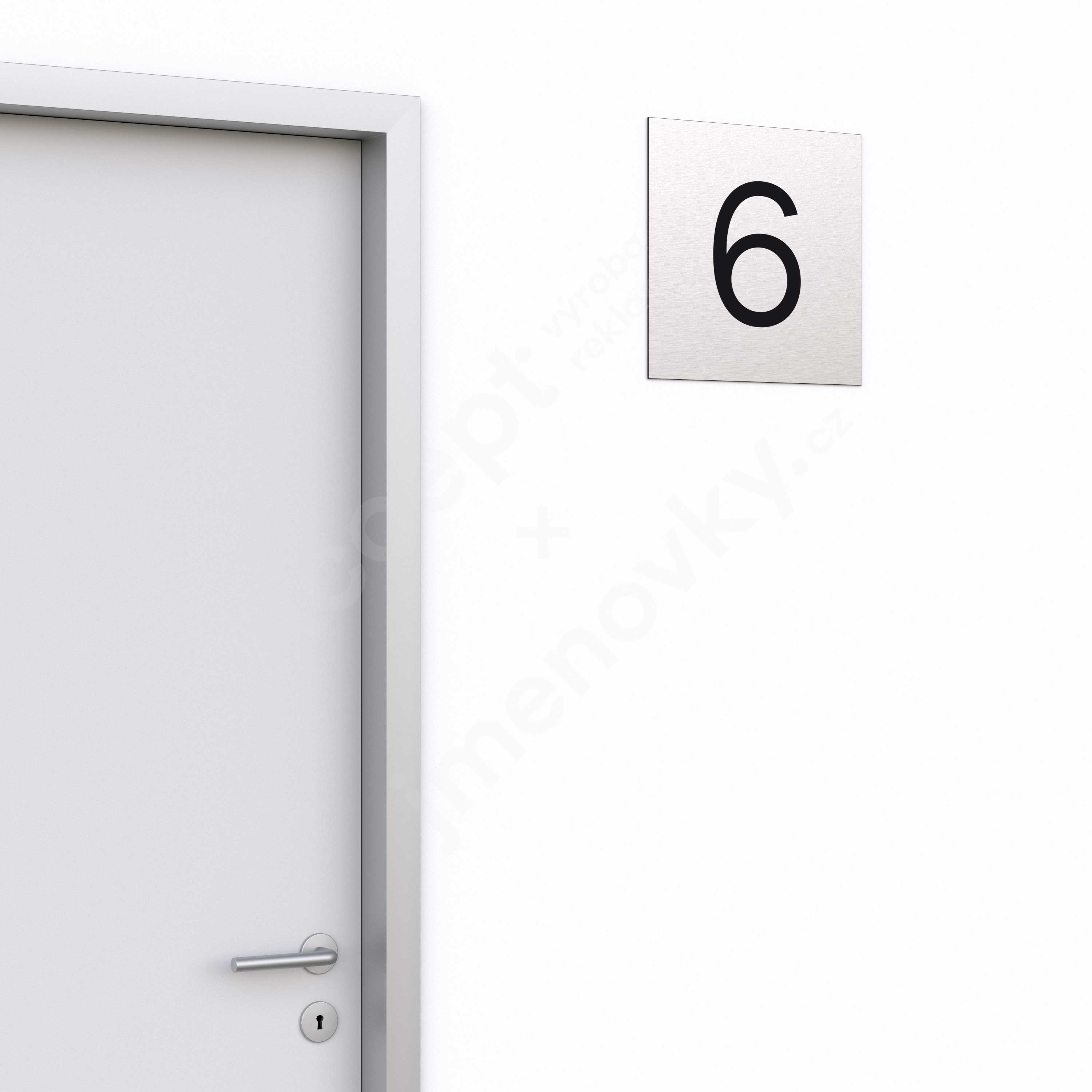 Označení podlaží - číslo "6" - stříbrná tabulka - černý popis - náhled