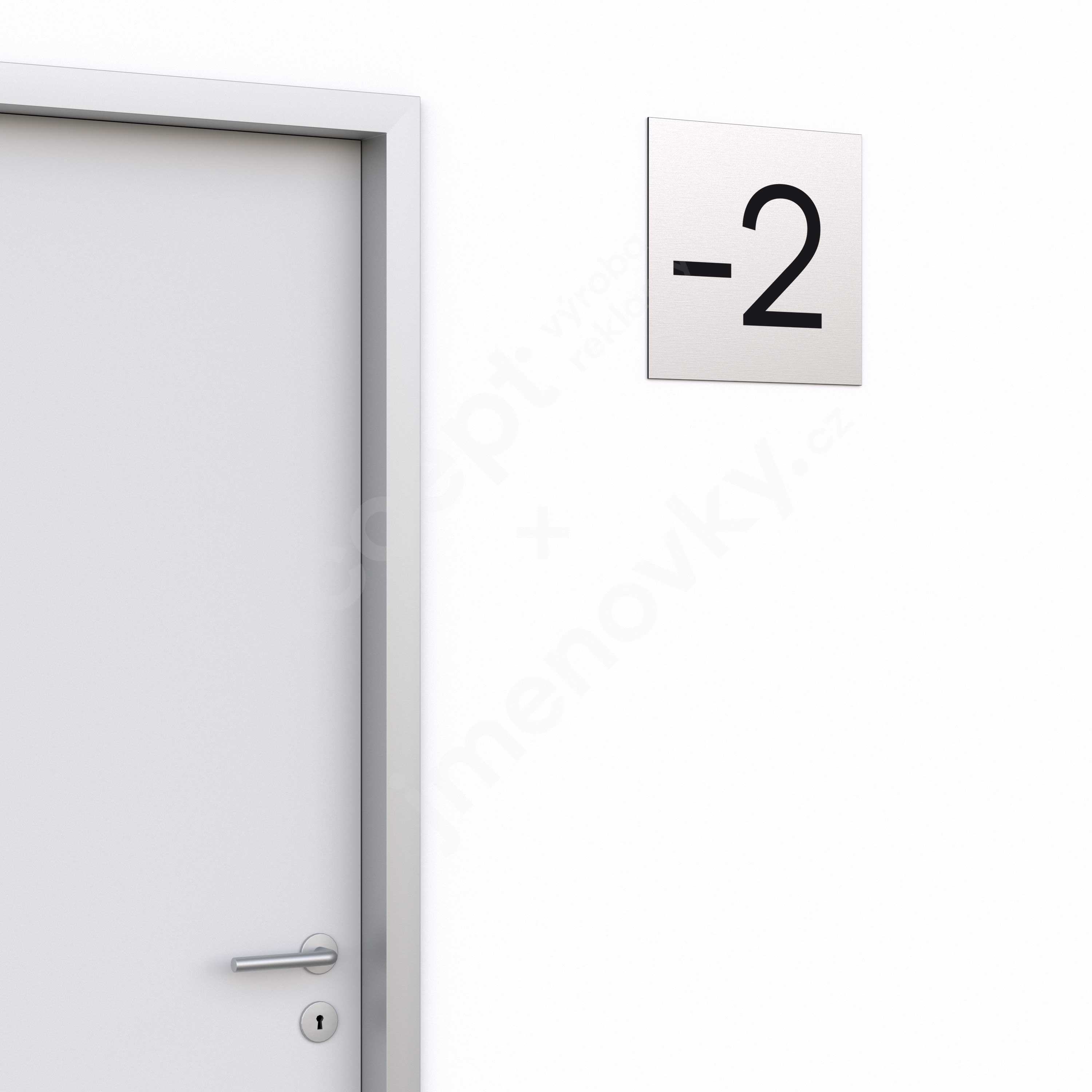 Označení podlaží - číslo "-2" - stříbrná tabulka - černý popis - náhled