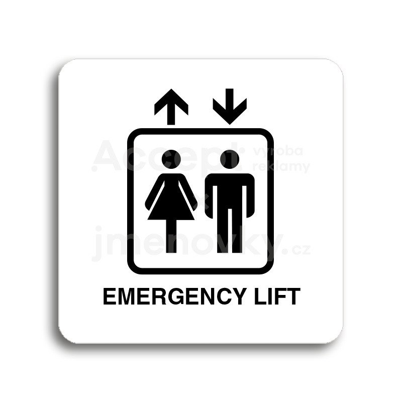 ACCEPT Piktogram emergency lift - bílá tabulka - černý tisk bez rámečku