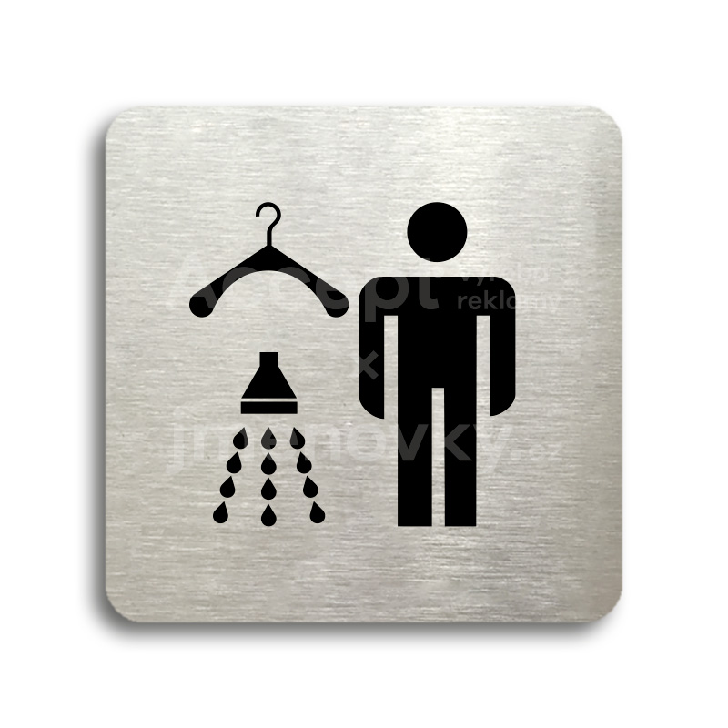 Piktogram "šatna se sprchou muži" - stříbrná tabulka - černý tisk bez rámečku