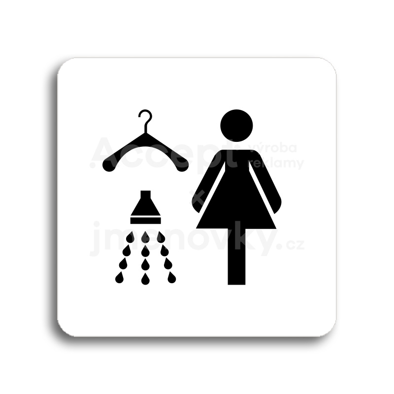 Piktogram "šatna se sprchou ženy" - bílá tabulka - černý tisk bez rámečku