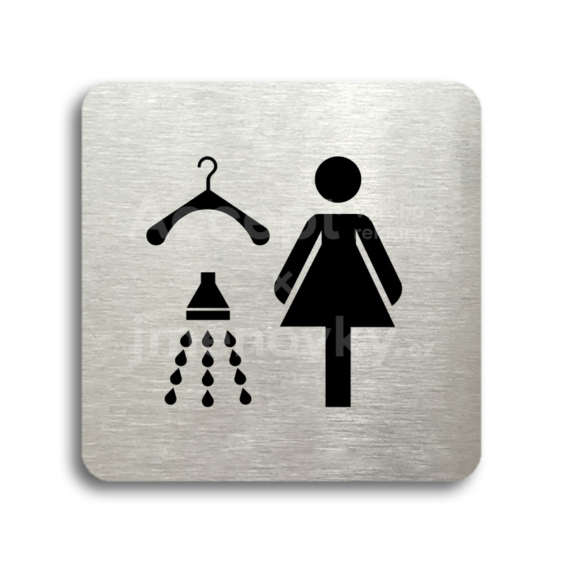 Piktogram "šatna se sprchou ženy" - stříbrná tabulka - černý tisk bez rámečku