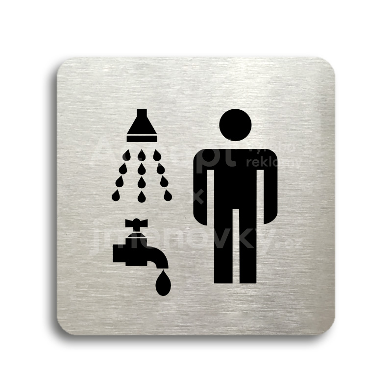 Piktogram "sprcha, umývárna muži" - stříbrná tabulka - černý tisk bez rámečku