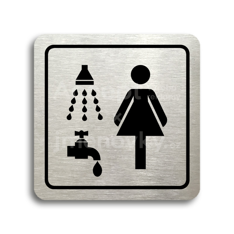 Piktogram "umývárna se sprchou ženy" - stříbrná tabulka - černý tisk