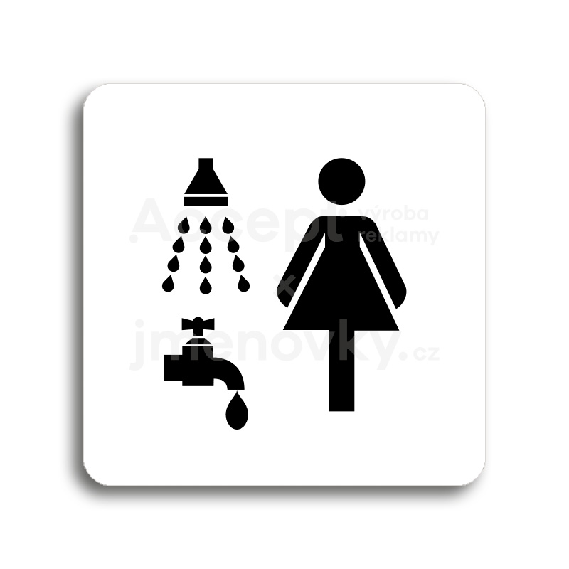 Piktogram "sprcha, umývárna ženy" - bílá tabulka - černý tisk bez rámečku
