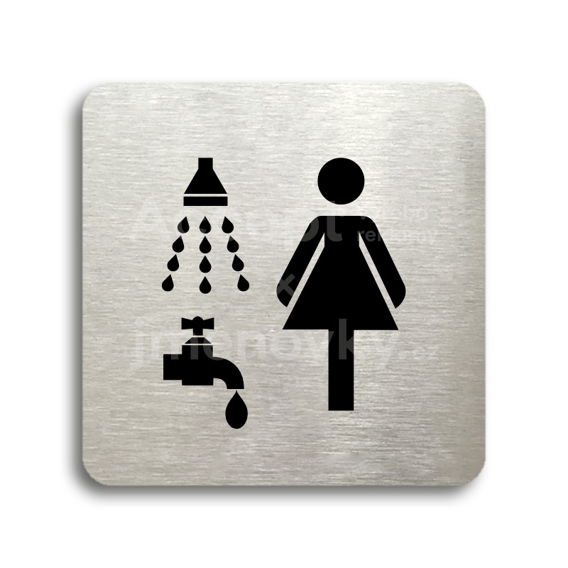 Piktogram "sprcha, umývárna ženy" - stříbrná tabulka - černý tisk bez rámečku