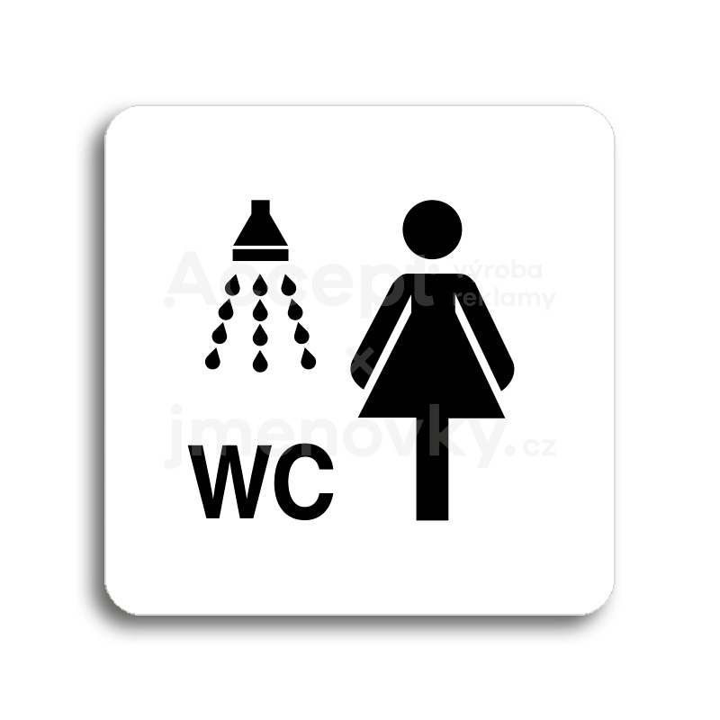 Piktogram "sprcha, WC ženy" - bílá tabulka - černý tisk bez rámečku