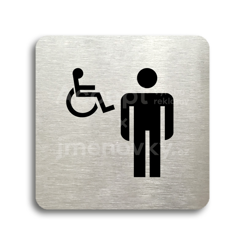 Piktogram "WC muži, invalidé" - stříbrná tabulka - černý tisk bez rámečku