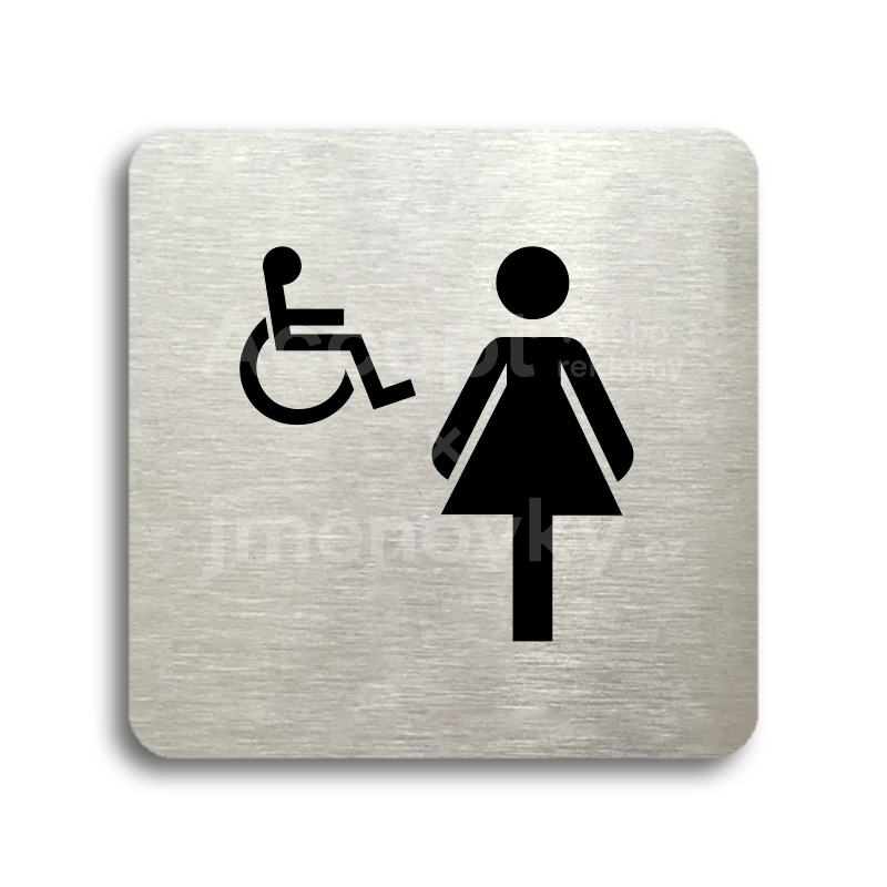 Piktogram "WC ženy, invalidé" - stříbrná tabulka - černý tisk bez rámečku