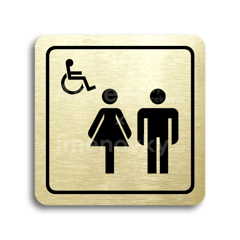 Piktogram "WC ženy, muži, invalidé II" - zlatá tabulka - černý tisk