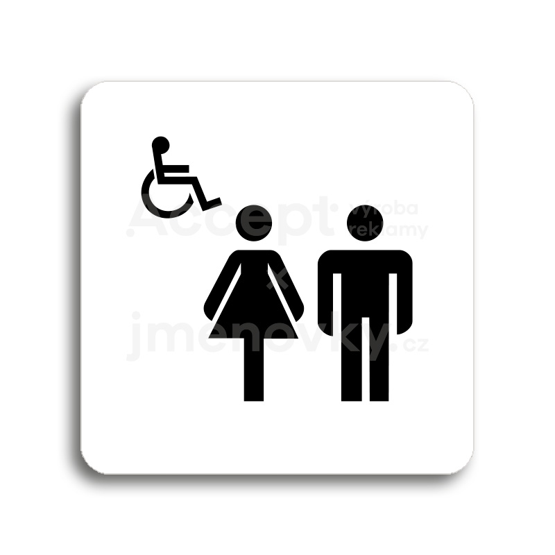 Piktogram "WC ženy, muži, invalidé II" - bílá tabulka - černý tisk bez rámečku