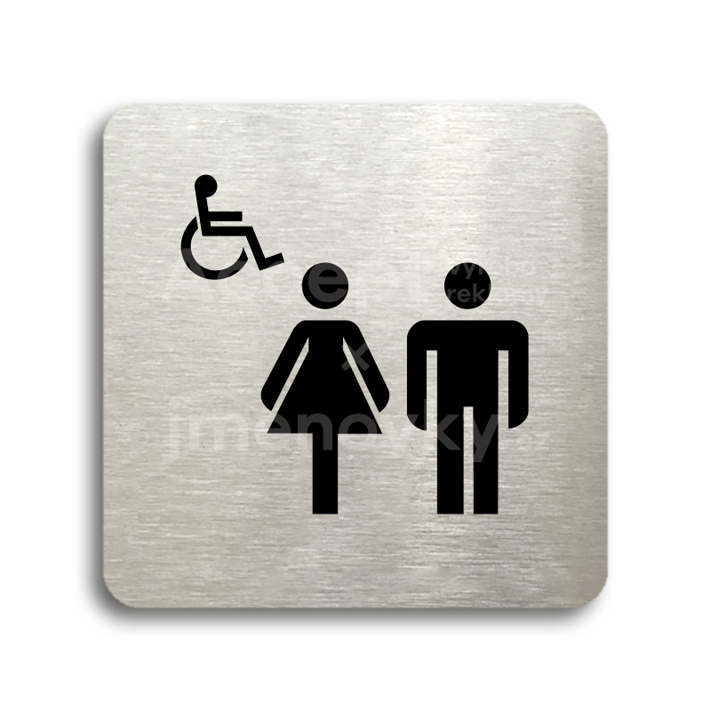 Piktogram "WC ženy, muži, invalidé II" - stříbrná tabulka - černý tisk bez rámečku