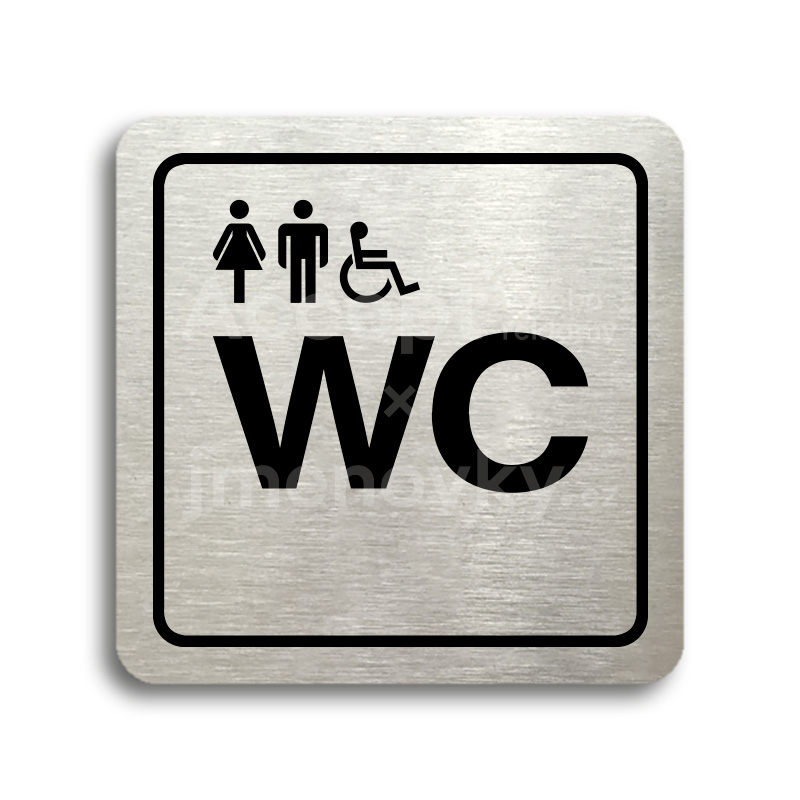 Piktogram "WC ženy, muži, invalidé" - stříbrná tabulka - černý tisk