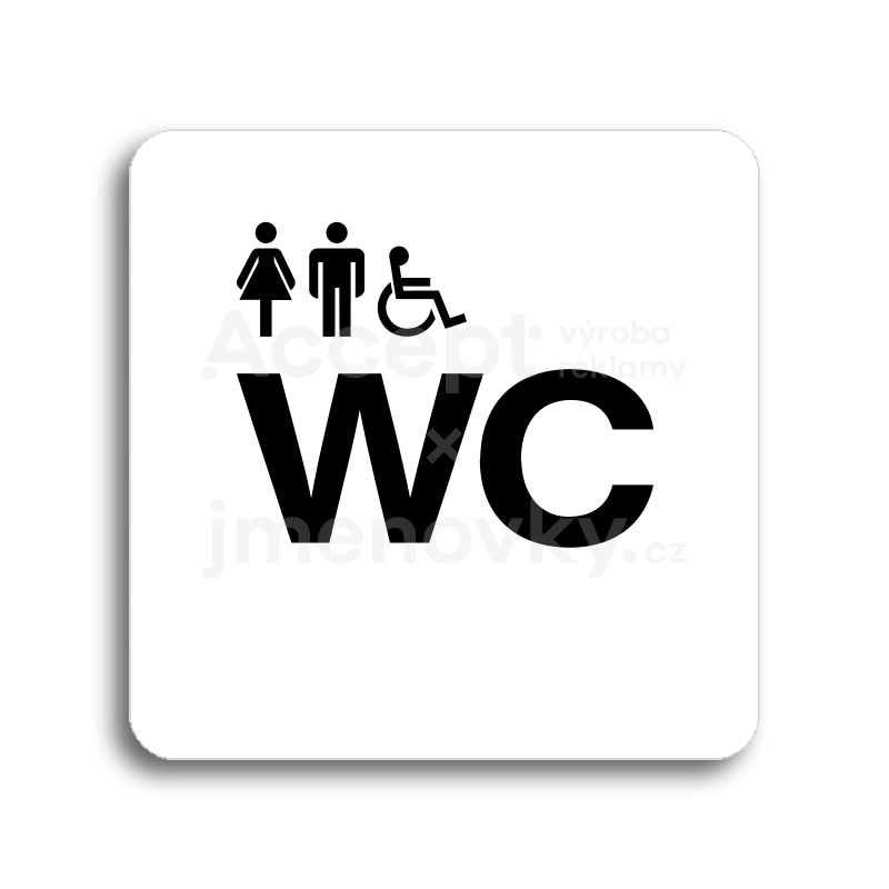 Piktogram "WC ženy, muži, invalidé" - bílá tabulka - černý tisk bez rámečku