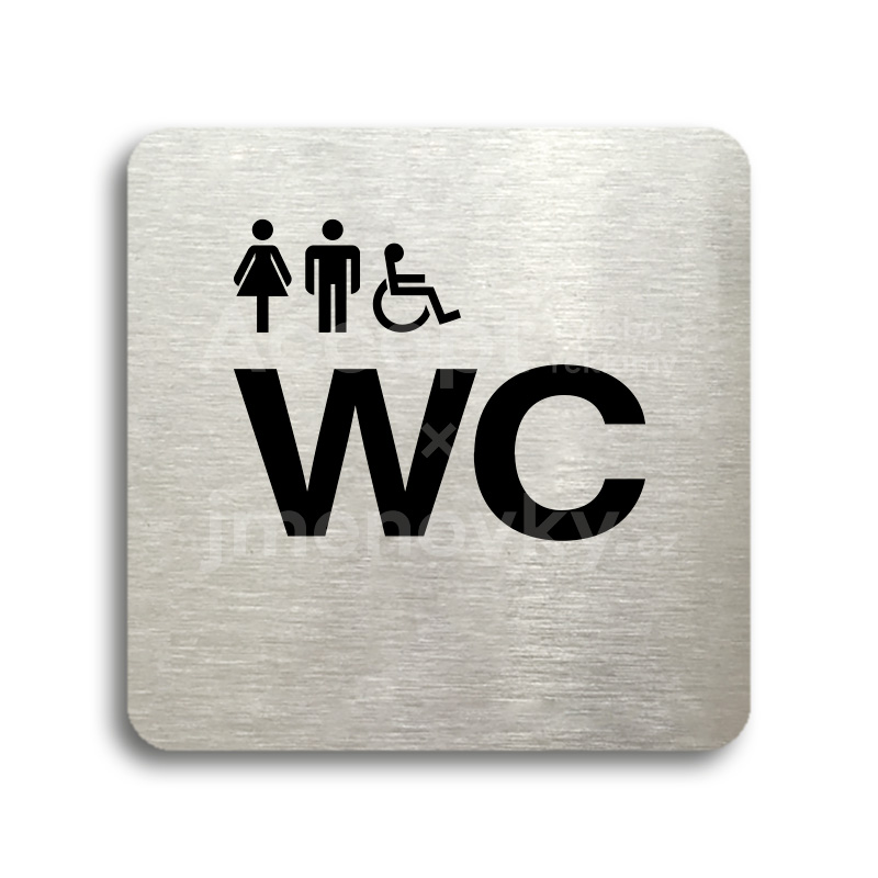 Piktogram "WC ženy, muži, invalidé" - stříbrná tabulka - černý tisk bez rámečku
