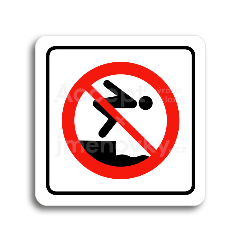 Piktogram "zákaz skákání do vody" - bílá tabulka - barevný tisk