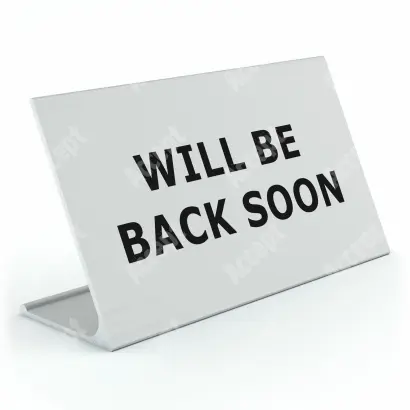 stříbrný stolní informační stojánek D-62 "WILL BE BACK SOON" - D-62.STR.105.018