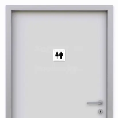 Piktogram "WC ženy, WC muži" - bílá tabulka - černý tisk na dveřích