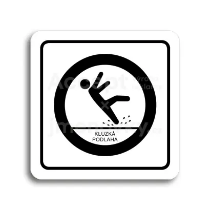 Piktogram "pozor, kluzká podlaha" - bílá tabulka - černý tisk