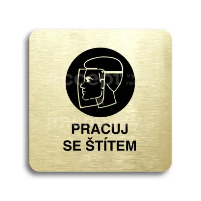 Piktogram "pracuj se štítem" - zlatá tabulka - černý tisk bez rámečku
