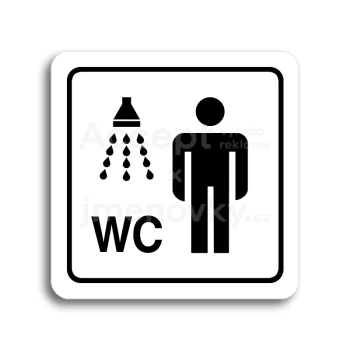 Piktogram "sprcha, WC muži" - bílá tabulka - černý tisk