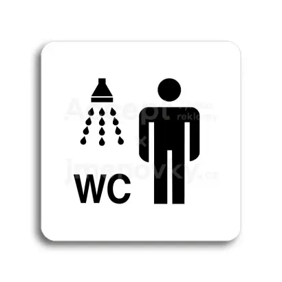 Piktogram "sprcha, WC muži" - bílá tabulka - černý tisk bez rámečku