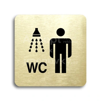 Piktogram "sprcha, WC muži" - zlatá tabulka - černý tisk bez rámečku