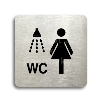 Piktogram "sprcha, WC ženy" - stříbrná tabulka - černý tisk bez rámečku