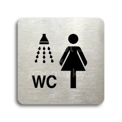 Piktogram "sprcha, WC ženy" - stříbrná tabulka - černý tisk bez rámečku