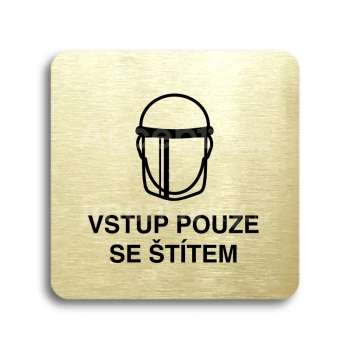 Piktogram "vstup pouze se štítem V" - zlatá tabulka - černý tisk bez rámečku