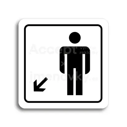 Piktogram "WC muži vlevo dolů" - bílá tabulka - černý tisk