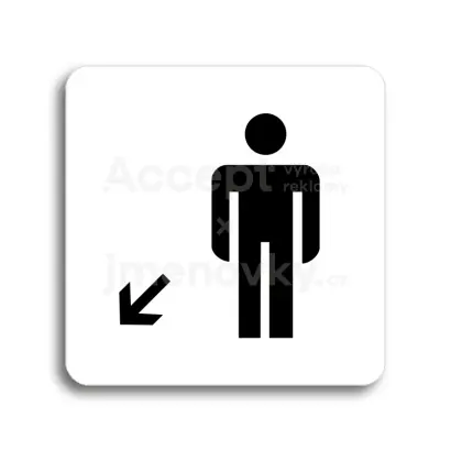 Piktogram "WC muži vlevo dolů" - bílá tabulka - černý tisk bez rámečku