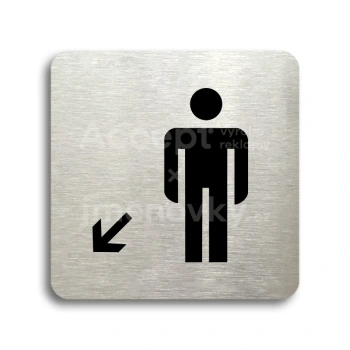 Piktogram "WC muži vlevo dolů" - stříbrná tabulka - černý tisk bez rámečku