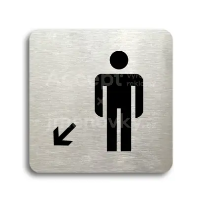 Piktogram "WC muži vlevo dolů" - stříbrná tabulka - černý tisk bez rámečku