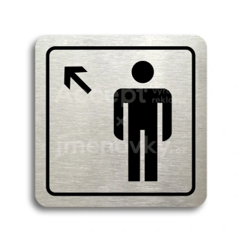 Piktogram "WC muži vlevo nahoru" - stříbrná tabulka - černý tisk