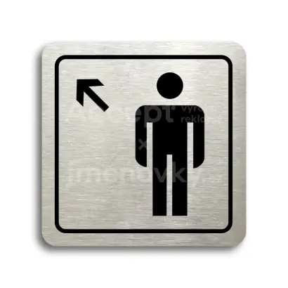 Piktogram "WC muži vlevo nahoru" - stříbrná tabulka - černý tisk