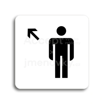 Piktogram "WC muži vlevo nahoru" - bílá tabulka - černý tisk bez rámečku