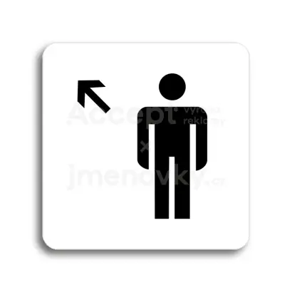 Piktogram "WC muži vlevo nahoru" - bílá tabulka - černý tisk bez rámečku