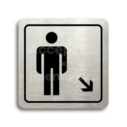 Piktogram "WC muži vpravo dolů" - stříbrná tabulka - černý tisk