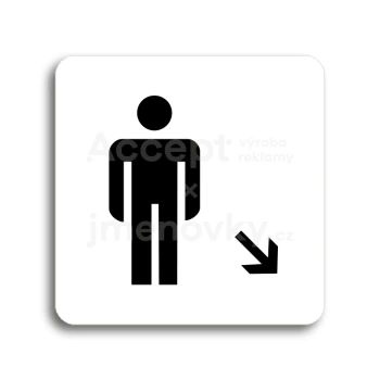 Piktogram "WC muži vpravo dolů" - bílá tabulka - černý tisk bez rámečku