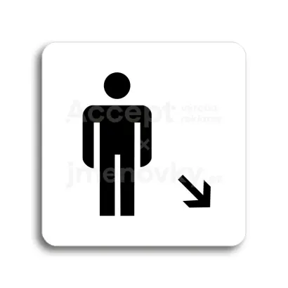 Piktogram "WC muži vpravo dolů" - bílá tabulka - černý tisk bez rámečku