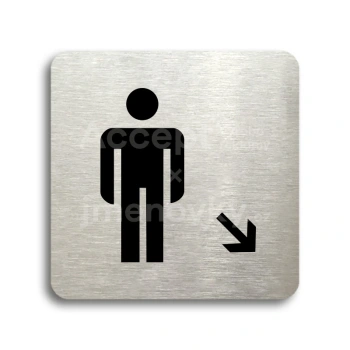 Piktogram "WC muži vpravo dolů" - stříbrná tabulka - černý tisk bez rámečku