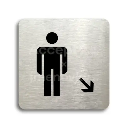 Piktogram "WC muži vpravo dolů" - stříbrná tabulka - černý tisk bez rámečku