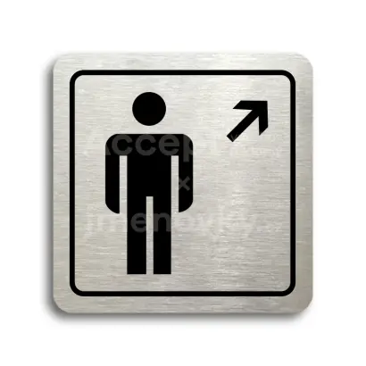 Piktogram "WC muži vpravo nahoru" - stříbrná tabulka - černý tisk