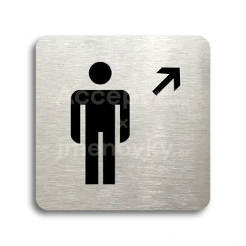 Piktogram "WC muži vpravo nahoru" - stříbrná tabulka - černý tisk bez rámečku