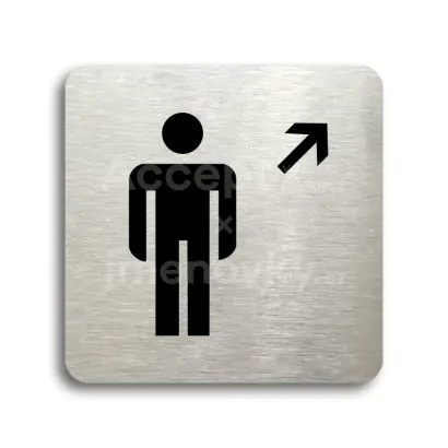 Piktogram "WC muži vpravo nahoru" - stříbrná tabulka - černý tisk bez rámečku