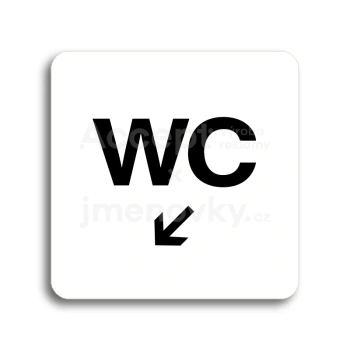 Piktogram "WC vlevo dolů" - bílá tabulka - černý tisk bez rámečku
