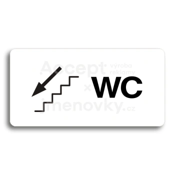 Piktogram "WC VLEVO DOLŮ" - bílá tabulka - černý tisk bez rámečku