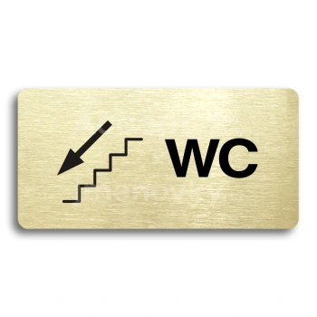 Piktogram "WC VLEVO DOLŮ" - zlatá tabulka - černý tisk bez rámečku