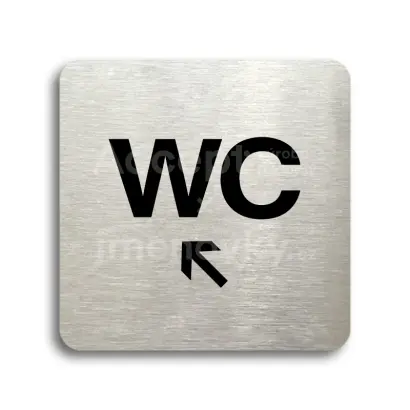 Piktogram "WC vlevo nahoru" - stříbrná tabulka - černý tisk bez rámečku